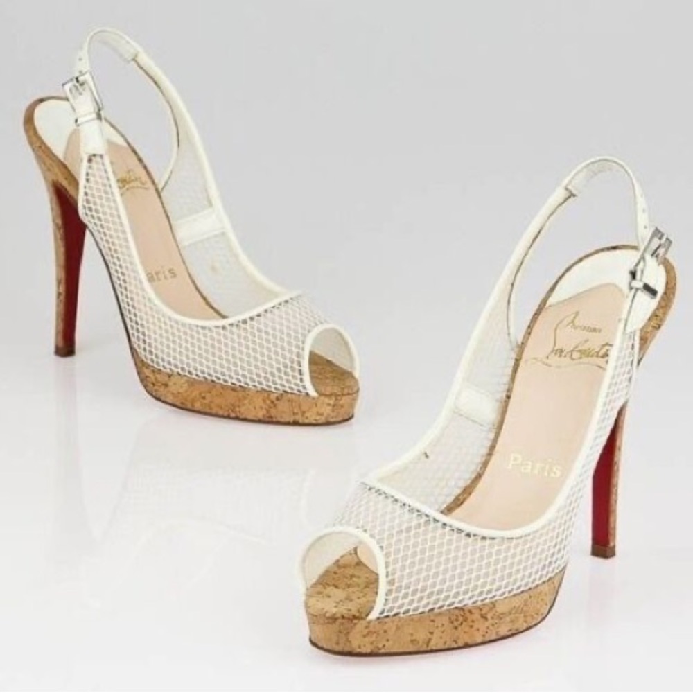 Christian Louboutin Sz 39.5 White Mesh Cork Sling Platform Mademoiselle Merchand
